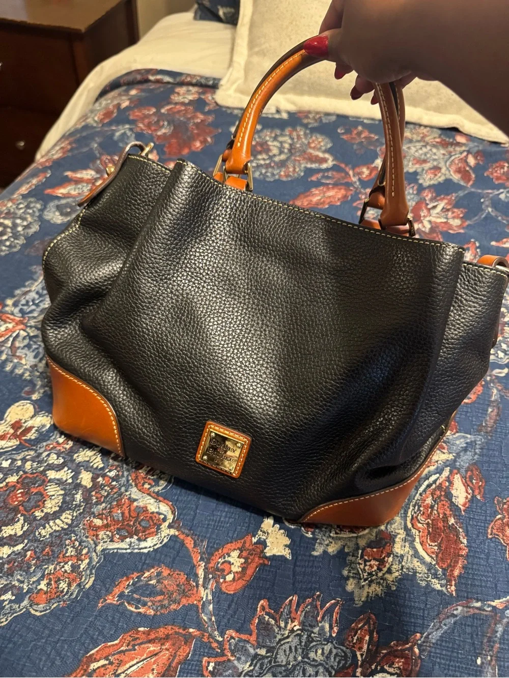 Dooney & Bourke Black Pebbled Leather Satchel with Brown Trim